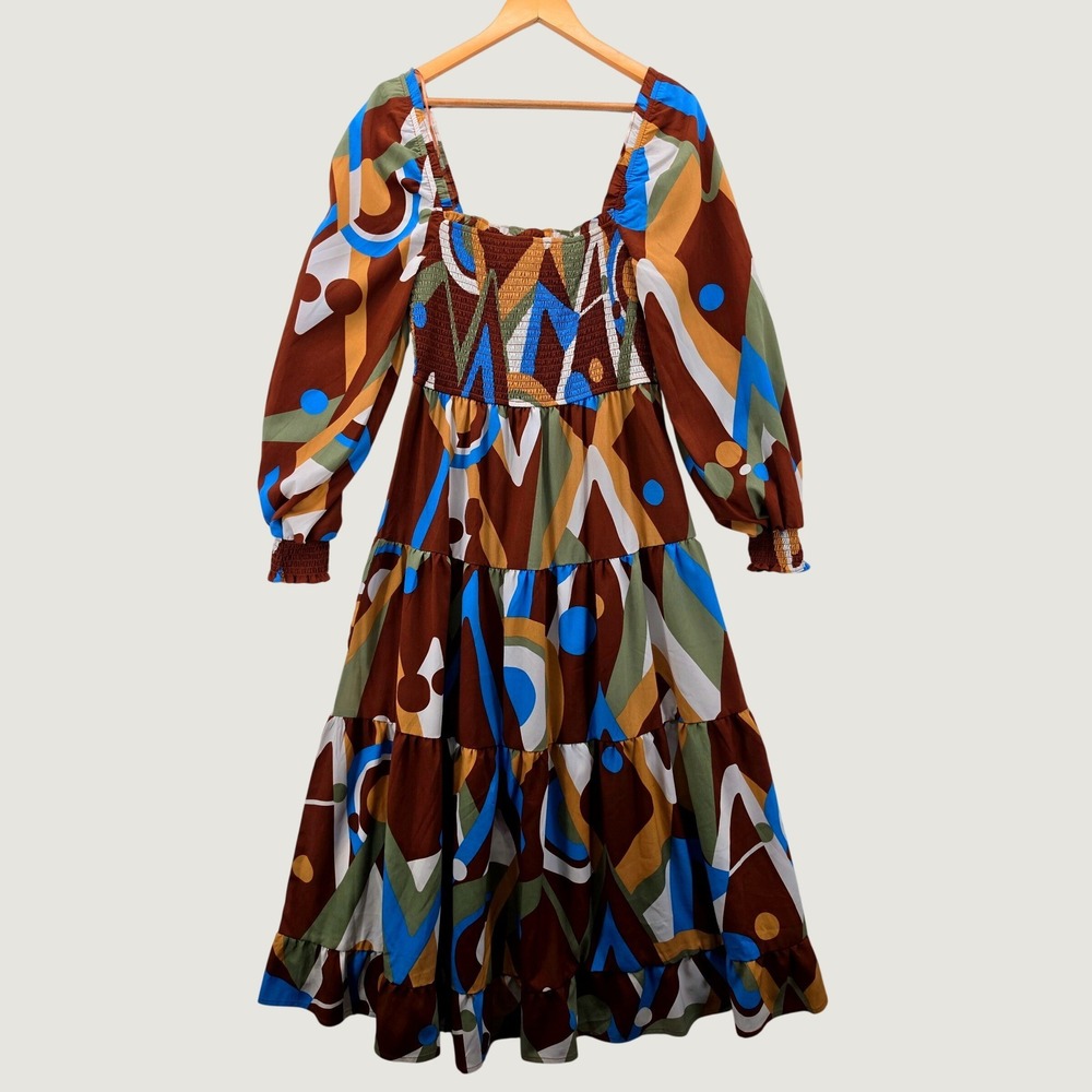 August Sky Brown Geometric Abstract Smocked Midi Dress Long Sleeve Tiered Boho M